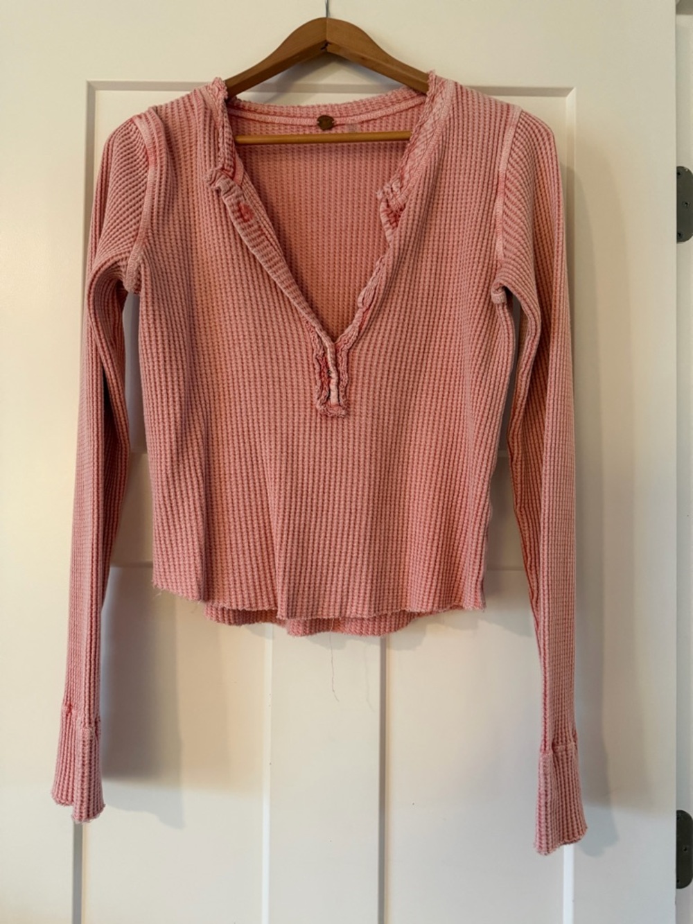 Free People One Colt Thermal Dusty Pink Waffle-Knit Long Sleeve V-Neck Top